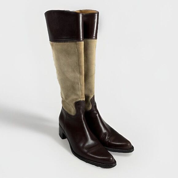 Coach Olivia Riding Boots Tan Suede Brown Leather 6‎ B Stacked Heel - Picture 2 of 16